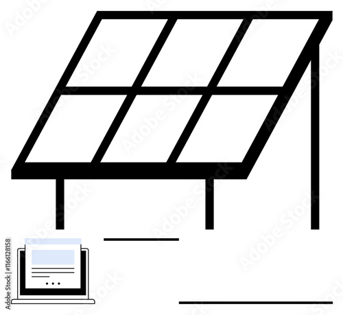 Solar panel on a support structure linked to a laptop for performance tracking. Ideal for renewable energy, sustainable technology, eco-solutions, data monitoring, clean power, green innovation