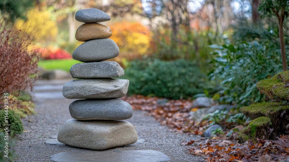 Tranquil Stone Stack in Outdoor Garden Setting Tranquil Stone Stack in Outdoor Garden Setting