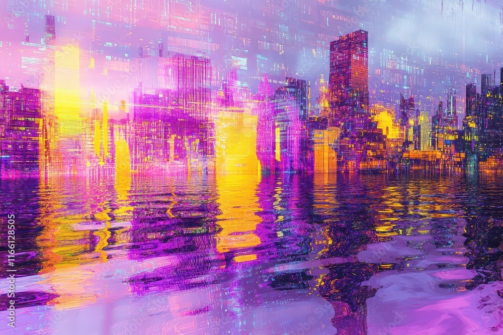 Obraz premium cyberpunk cityscape reflected in rippling digital surface with neon accents