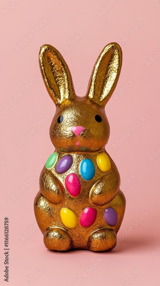 Fototapeta premium Chocolate Easter bunny wrapped in shimmering gold foil isolated on a clean peach background with colorful candy accents, sweet and celebratory 