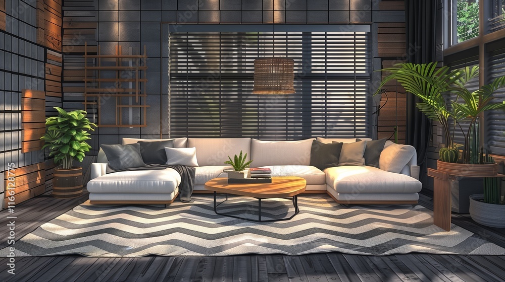 Sophisticated monochrome living room with wooden highlights, grey tile accents, and a stylish chevron patterned rug. Sophisticated monochrome living room with wooden highlights, grey tile accents, and a stylish chevron patterned rug.