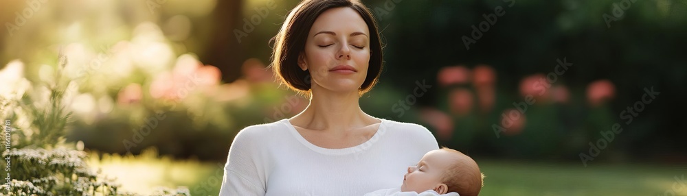Sunlit garden scene with a mother meditating while her baby naps, postnatal care, mental health focus Sunlit garden scene with a mother meditating while her baby naps, postnatal care, mental health focus