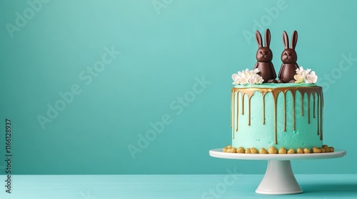Drip cake with pastel green frosting, golden drip detail, topped with chocolate bunny figurines and dainty sugar flowers, stylish and festive 