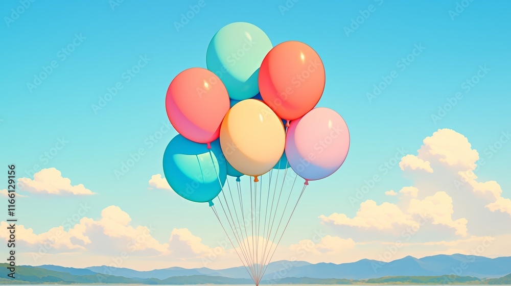 Fototapeta premium Floating Easter basket made of helium-filled balloons, holding lightweight pastel-wrapped treats and painted eggs, whimsical and fun design 
