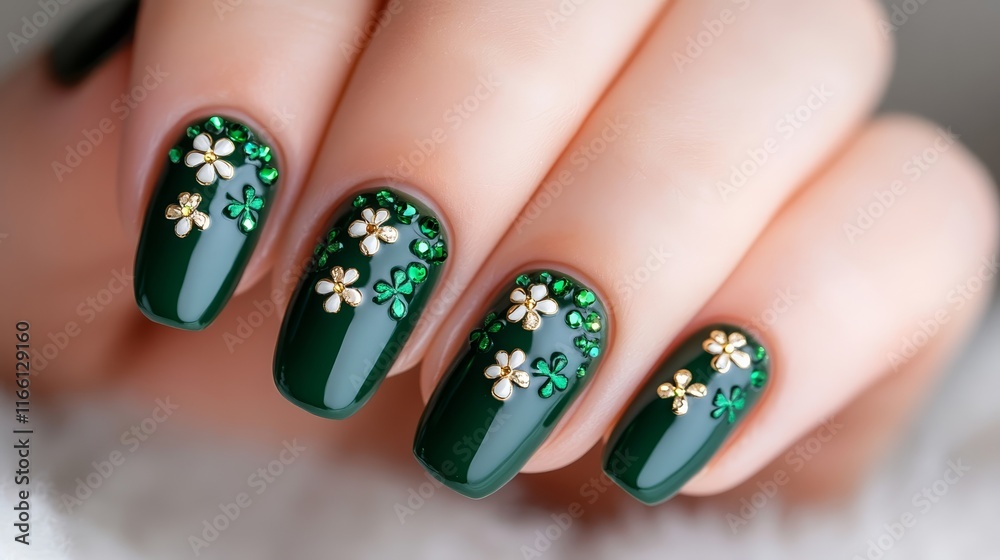 French manicure with green tips adorned with tiny shamrocks and gold rhinestones, classic yet festive for St Patrick’s Day French manicure with green tips adorned with tiny shamrocks and gold rhinestones, classic yet festive for St Patrick’s Day