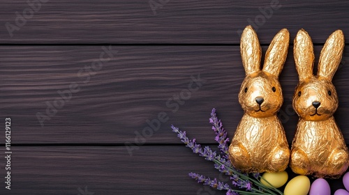 Flat lay of chocolate Easter bunnies wrapped in shiny gold foil on a rustic wooden table with sprigs of lavender and candy eggs, rustic aesthetic 
