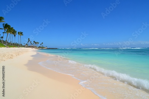 Picturesque Punta Cana Beach with Powdery Sand, Palm Trees, and Clear Turquoise Waters photo