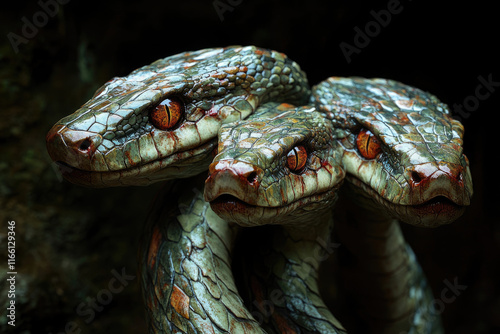 A three-headed serpent, mythical creature, detailed scales, intense gaze, dark background. photo