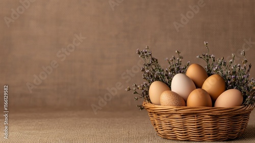 Rustic Easter scene with a vintage wicker basket, hand-dyed eggs in earthy tones, and dried wildflowers on a burlap-textured background, cozy and warm 