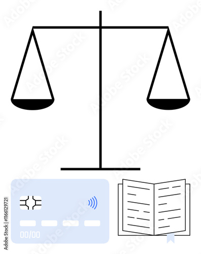 Justice scale, open book, and credit card emphasize law, financial balance, education. Ideal for legal advice, finance tips, fairness, education policy reform justice abstract line flat metaphor