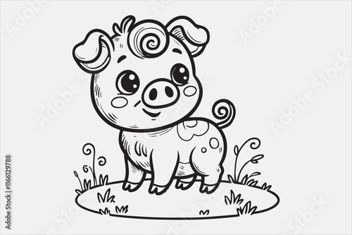 A line art illustration of a happy pig standing on grass.