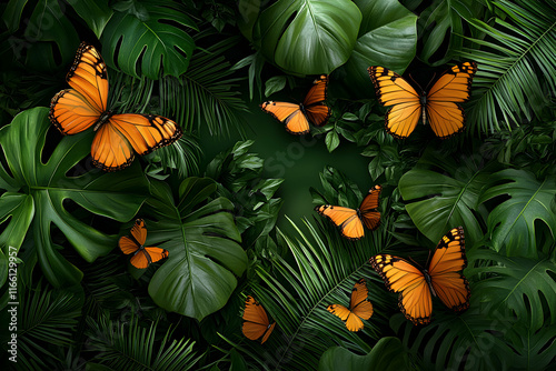 Lush tropical foliage with vibrant orange butterflies.  Perfect for nature, wellness, and summer themes. photo