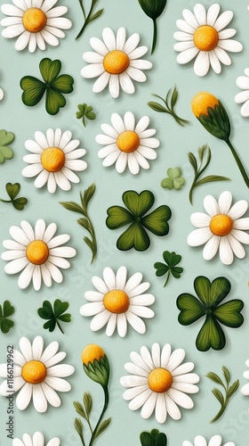Whimsical hand-drawn daisies and clovers scattered on a pale sage green background, playful and calming for March 