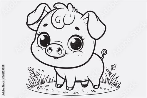 A line art illustration of a happy pig standing on grass.