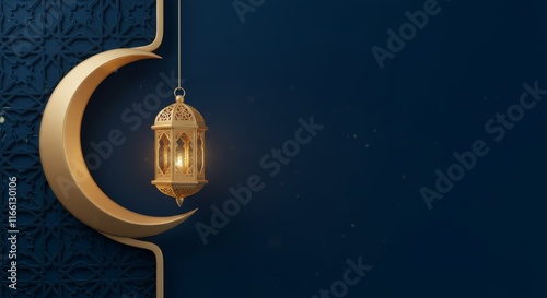 3d modern Islamic holiday banner, suitable for Ramadan, Raya Hari, Eid al Adha and Mawlid. A lit up lantern and crescent moon decor on serene evening blue background.
 photo