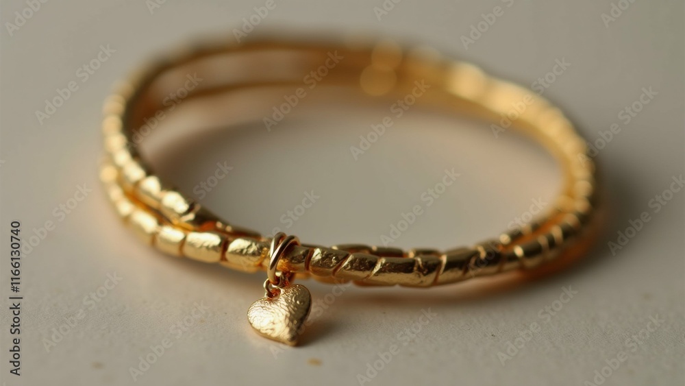 The image is a close-up of a gold bracelet with a small heart charm hanging from it. The bracelet appears to be made of thin, textured metal and has a smooth, polished finish. The image is a close-up of a gold bracelet with a small heart charm hanging from it. The bracelet appears to be made of thin, textured metal and has a smooth, polished finish.