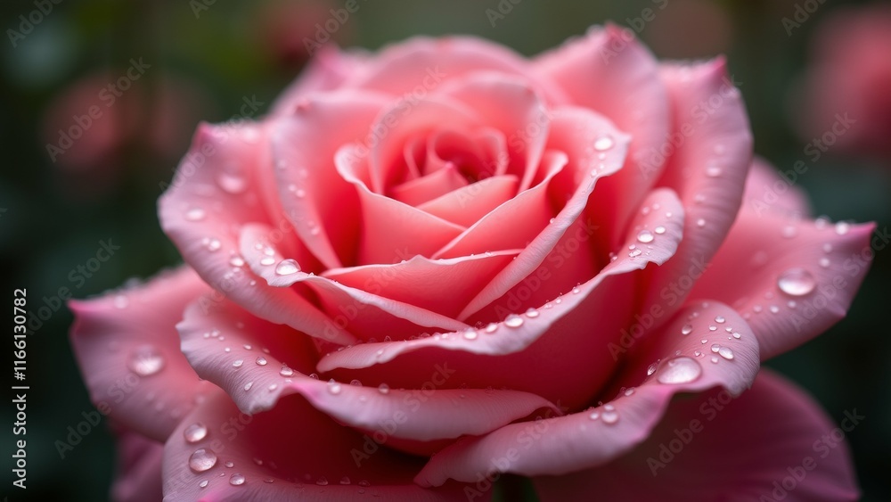 The image is a close-up of a pink rose with water droplets on it. The rose is in full bloom and its petals are a soft pink color. The image is a close-up of a pink rose with water droplets on it. The rose is in full bloom and its petals are a soft pink color.