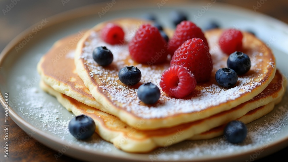 The image shows a stack of pancakes on a white plate. The pancakes are golden brown and appear to be freshly made. The image shows a stack of pancakes on a white plate. The pancakes are golden brown and appear to be freshly made.