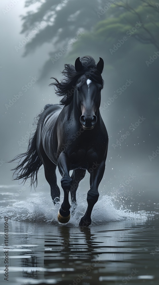 Obraz premium A black stallion gallops through shallow water, its mane flowing wildly as droplets splash around it.