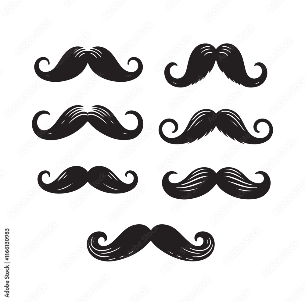 mens mustache set silhouette vector illustration