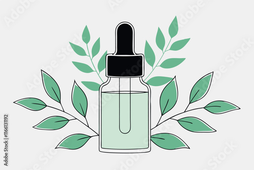 Natural organic face serum amidst green leaves. Make up skincare product. Eco friendly lifestyle. Vector illustration