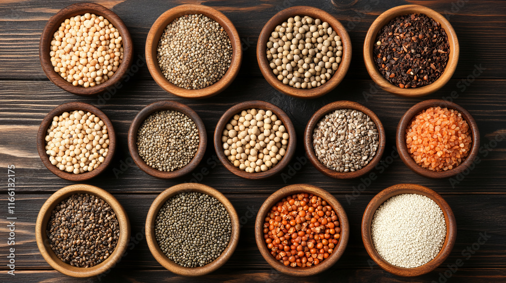 A vibrant display of various spices and legumes in wooden bowls, showcasing a rich diversity of colors and textures on a wooden table. A vibrant display of various spices and legumes in wooden bowls, showcasing a rich diversity of colors and textures on a wooden table.
