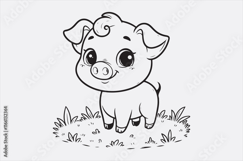 A line art illustration of a happy pig standing on grass.