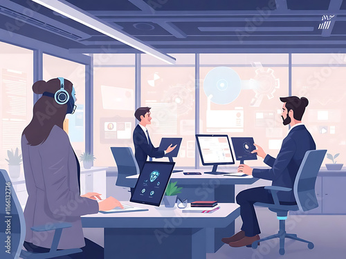 a flat illustrative image of business workers in an office 