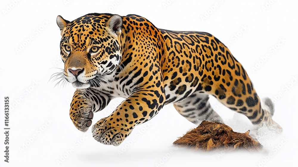 Fototapeta premium Powerful jaguar leaps gracefully in action. Big cat displays strength, agility. Rosette pattern evident on fur. Wild animal in motion. Predatory mammal in natural habitat. Orange, black fur. Jaguar