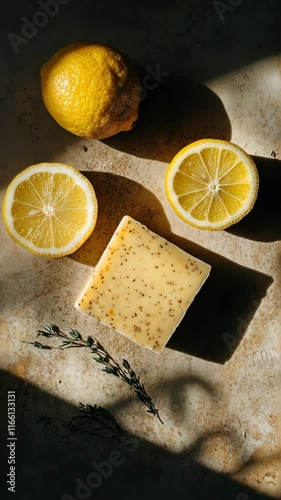 Lemon and herb soap displayed with fresh lemons on a textured surface under natural light