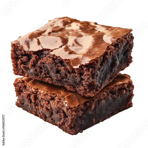 two stacked chocolate brownies. showcasing a rich. fudgy texture with a shiny top layer the brownies appear moist and decadent. making them an appealing dessert option the clean white background empha