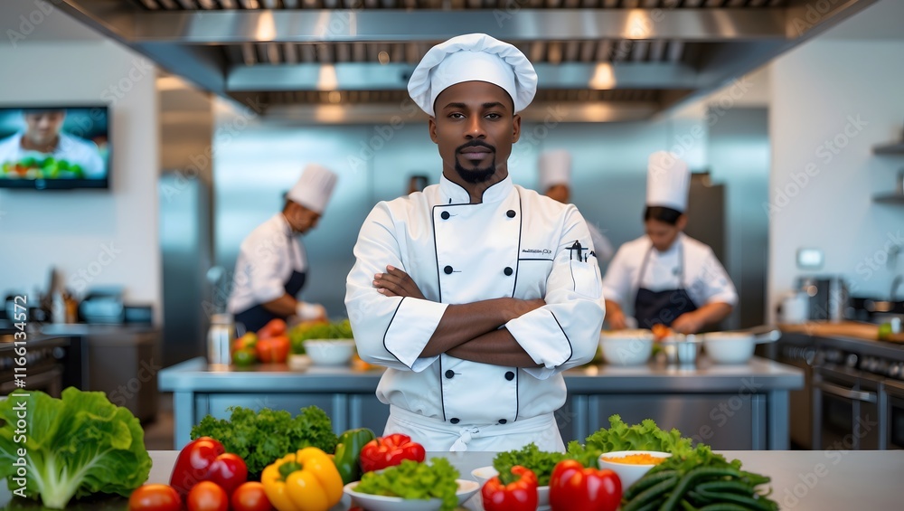 Confident head cook standing in restaurant professional kitchen with arms crossed while smiling at camera. Sous chef wearing cooking uniform while preparing ingredients for dinner service. Confident head cook standing in restaurant professional kitchen with arms crossed while smiling at camera. Sous chef wearing cooking uniform while preparing ingredients for dinner service.