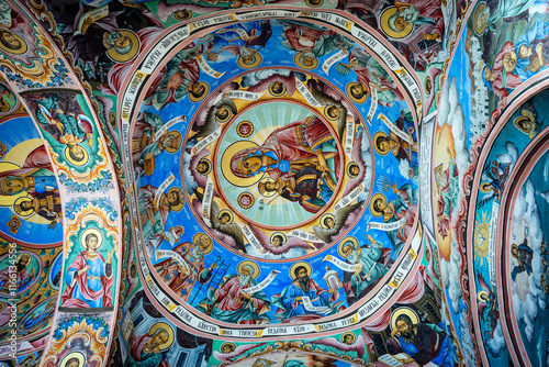 cloister with fresco decoration, Rila Monastery, founded in the 10th century, Rilski River valley, Republic of Bulgaria, Europe photo