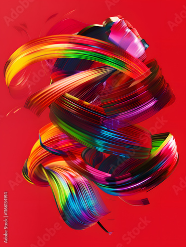 A dynamic and colorful abstract swirls art piece, blending in vivid motion on a bold red backdrop, ideal for modern design themes with a bright and energetic composition