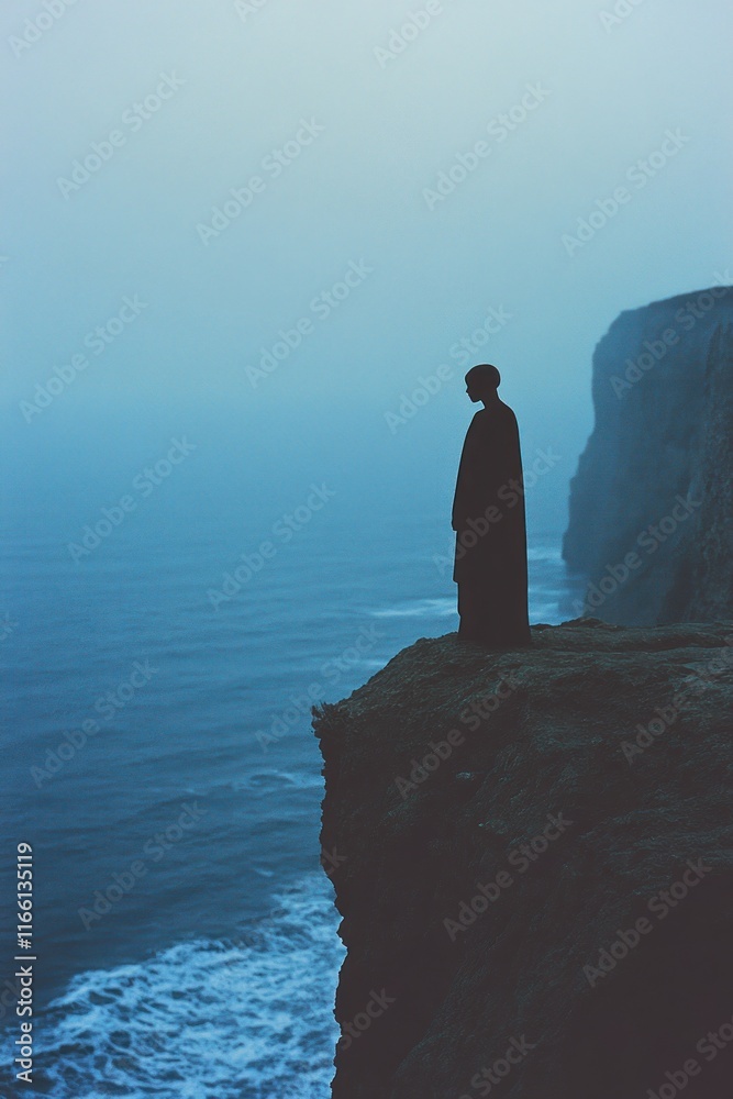 Fototapeta premium Silhouetted figure standing on a cliff overlooking a foggy ocean.