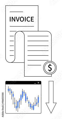 Invoice document with dollar sign, stock market chart showing decline, and downward arrow. Ideal for finance, accounting, business reports, expenses, market analysis, budgeting economic downturn