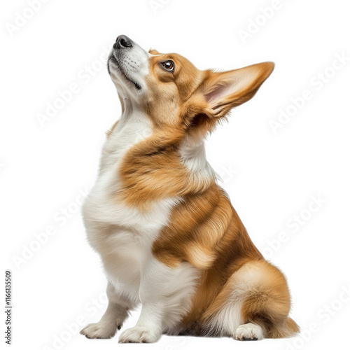 corgi dog sitting gracefully. looking upwards with an inquisitive expression its fur is a mix of tan and white. showcasing the breed's distinctive features. including large ears and a fluffy coat. aga photo