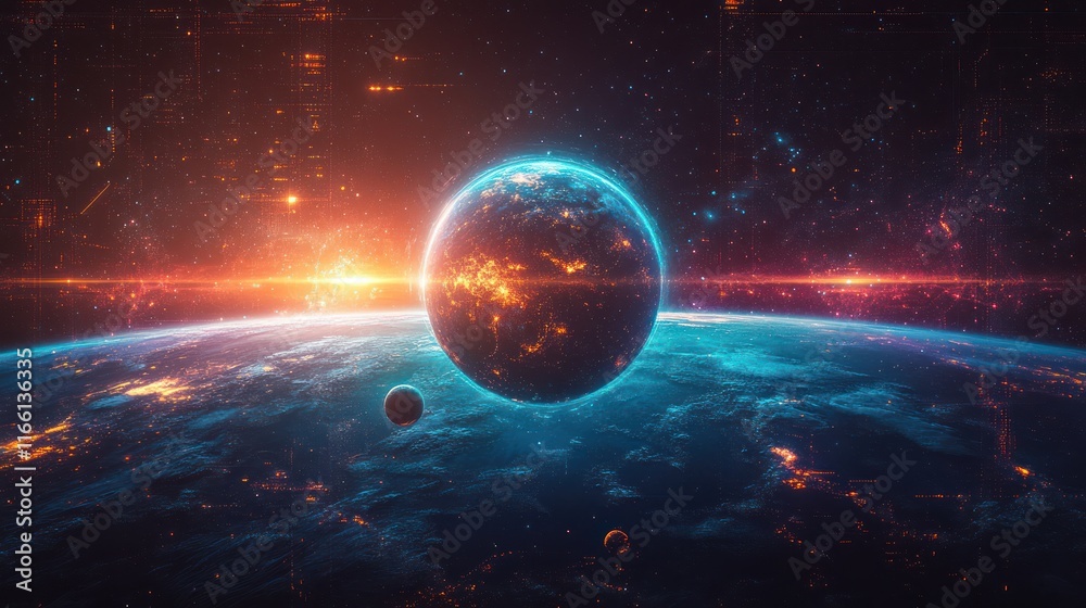 Obraz premium Futuristic planet with vibrant atmosphere and glowing celestial bodies in outer space.