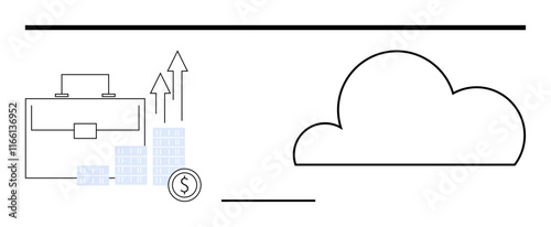 Briefcase, rising bar chart, dollar coin near cloud icon illustrating concepts of finance, productivity, and technology. Ideal for business, finance, tech solutions, cloud services corporate growth