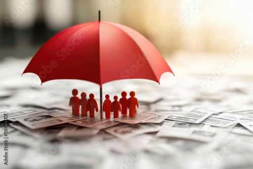 Red umbrella protecting family symbol representing insurance and financial security