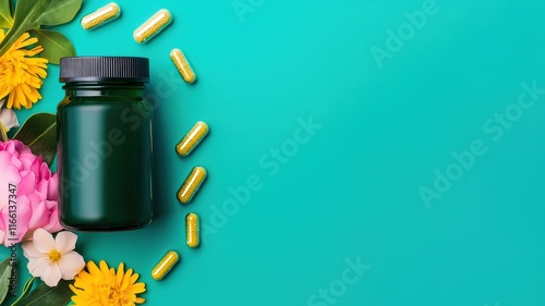 A green supplement bottle surrounded by colorful flowers and yellow capsules on a bright turquoise background. photo