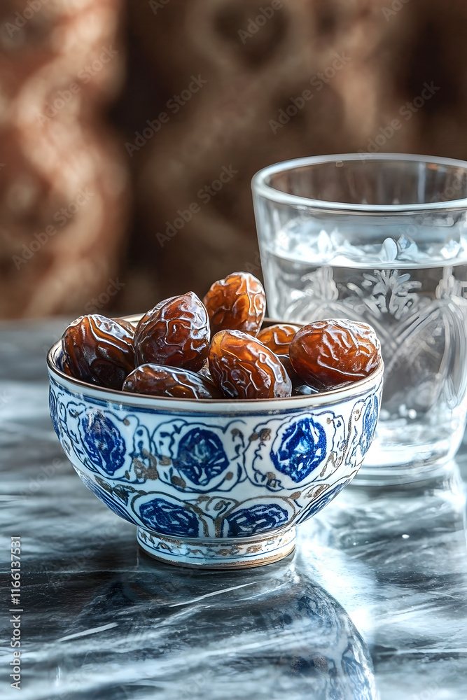 Dates and a glass of water are served on a patterned bowl, marking the start of the Ramadan feast in a festive setting that promotes togetherness