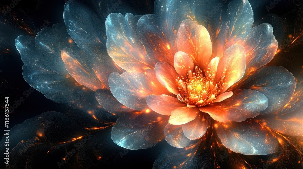 Glowing fractal flower with orange and blue petals. Glowing fractal flower with orange and blue petals.