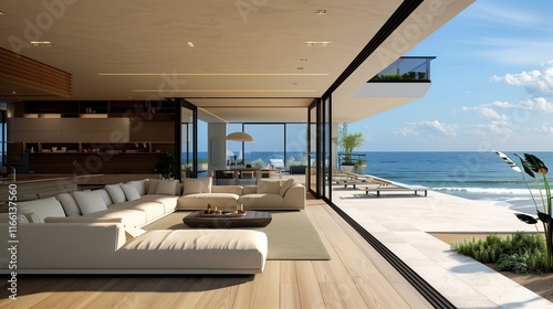 A contemporary beach house with a light-filled interior, expansive ocean-facing windows, and a large terrace with direct beach access.