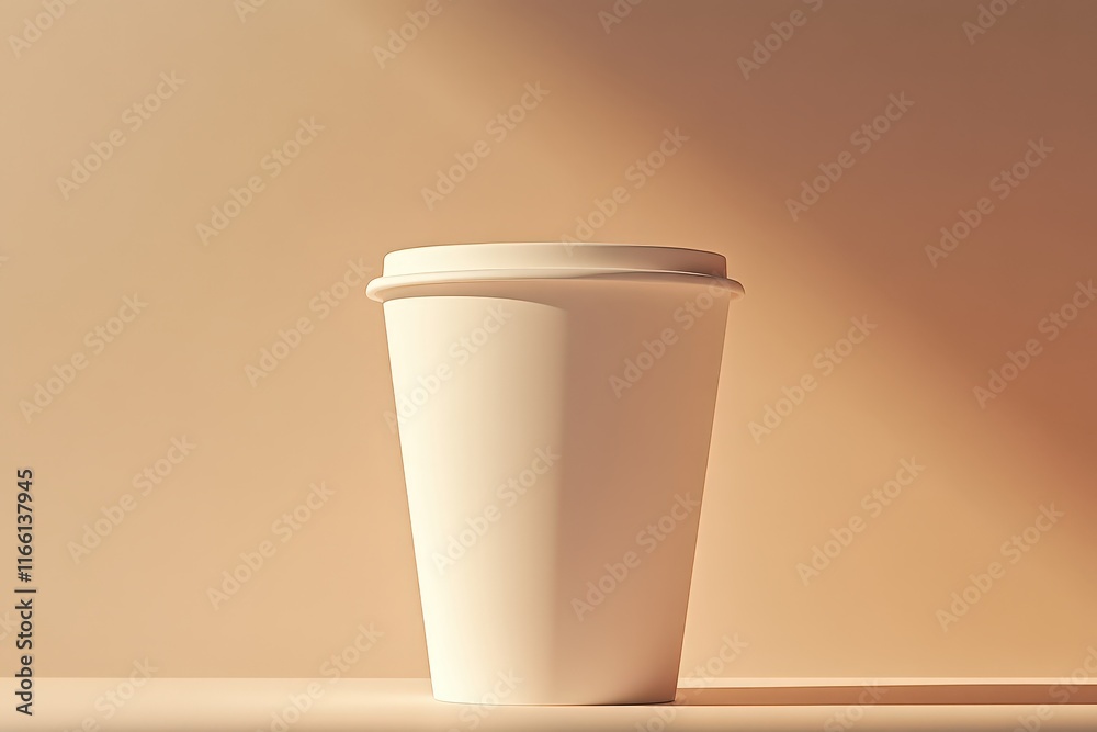 Minimalist Beige Background Highlighting a White Coffee Cup with Lid Minimalist Beige Background Highlighting a White Coffee Cup with Lid