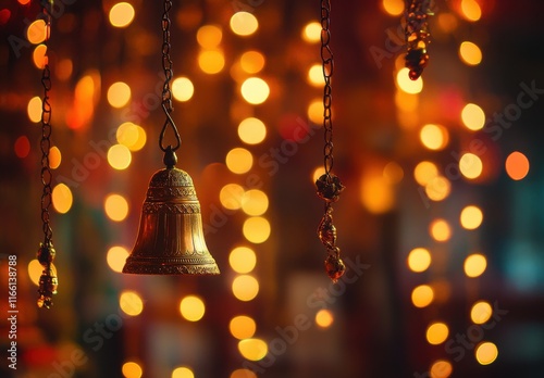 Wallpaper Mural Beautifully Crafted Temple Bell Hanging Amidst Festive Bokeh Lights with Warm Glows Creating a Serene and Inviting Atmosphere for Celebrations Torontodigital.ca