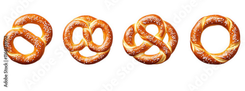 four freshly baked pretzels. each with a golden-brown color and sprinkled with coarse salt they are arranged in a row. showcasing different shapes and twists of the pretzel the clean. white background