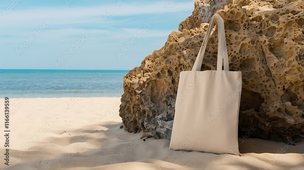 Front View of Beige Blank Tote Bag Mockup on Sandy Beach with Ocean and Sky Background Front View of Beige Blank Tote Bag Mockup on Sandy Beach with Ocean and Sky Background