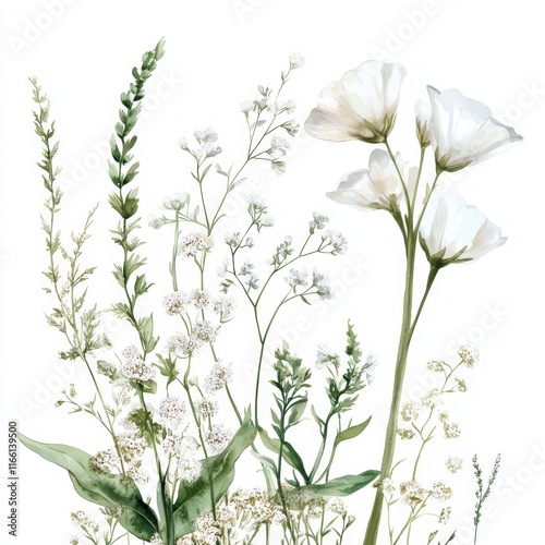 Wallpaper Mural Botanical Illustration Featuring Delicate White Flowers and Green Foliage on a Bright Background Showcasing Natural Beauty and Tranquility Torontodigital.ca