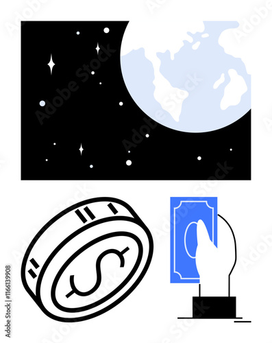 Earth in space, large coin, and hand holding money together represent growth potential and investment opportunities. Ideal for finance, investments, globalization, economics, innovation, space